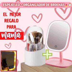 Espejo LED + Organizador de Brochas de Maquillaje (💖 Combo Especial Día de la Madre 💄✨  )