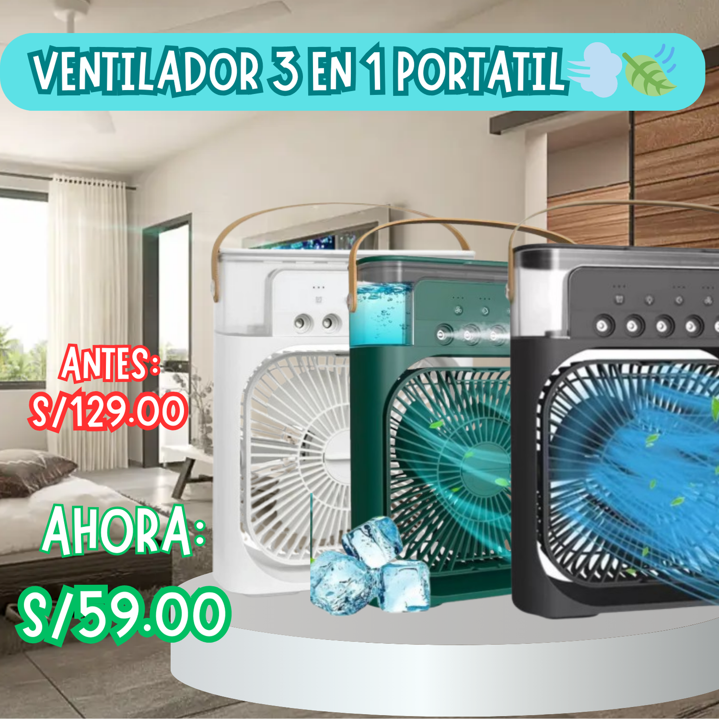 VENTILADOR HUMIFICADOR PORTÁTIL 3 EN 1🧊💨🍃